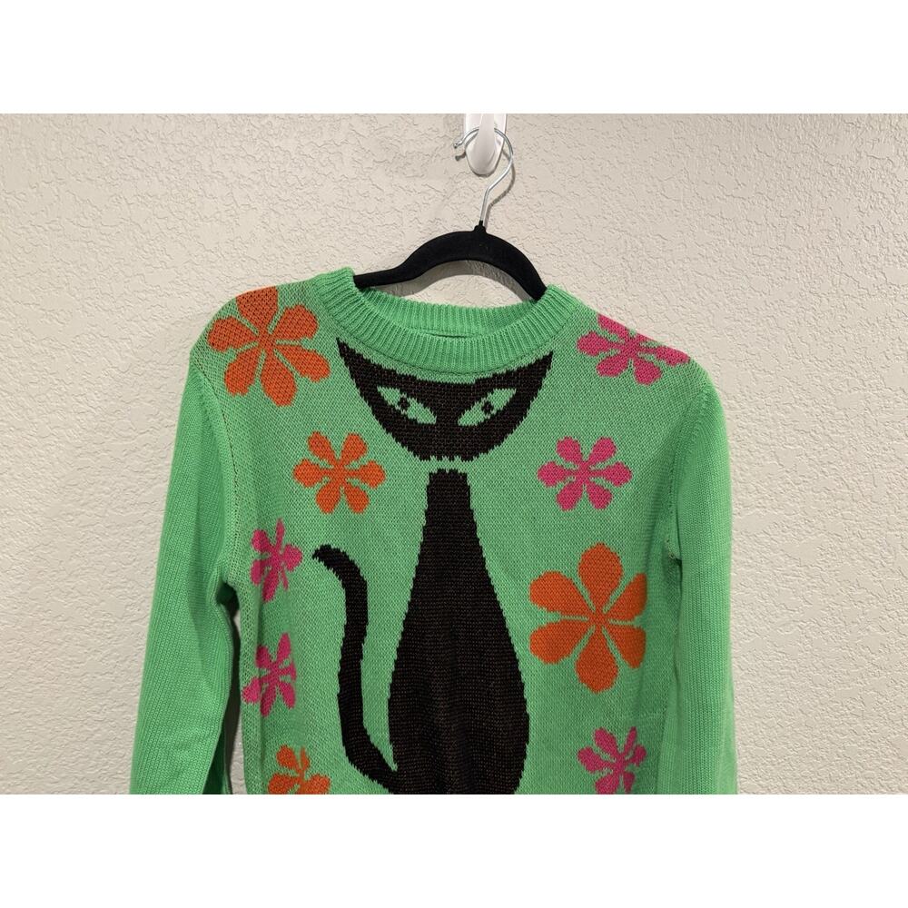 Oxknit Women’s Green Sweater Cat And Floral Design Size Small NWT - Picture 2 of 6